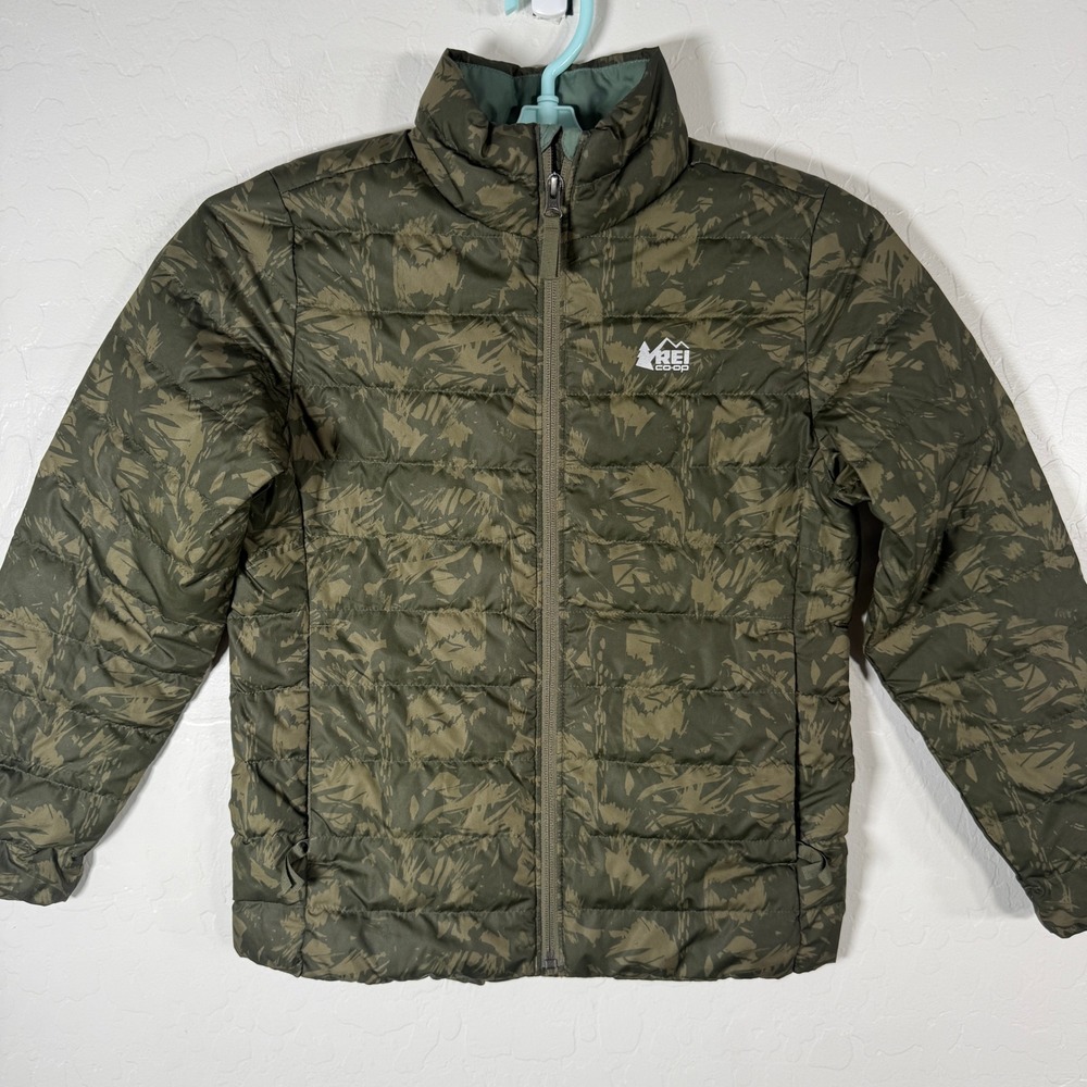 REI Co-op Down Jacket Kids Medium 10-12 Green Camo Puffer Padded Quilted Coat